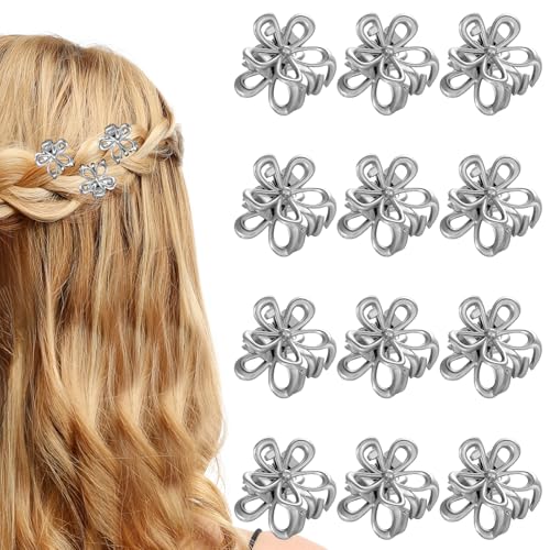 Mini pinzas para cabello flores, 12 piezas metal plateado miniatura 1