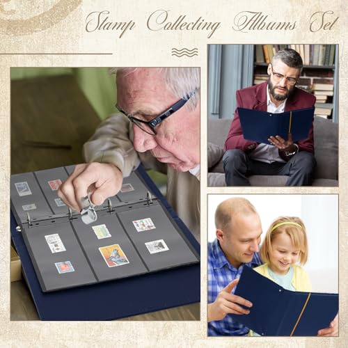 Image of Stamp Collecting Album Binder Kit for Collectors, 1 /2 /3 /4 Rows Banknotes Storage Book with 20 Stamp Pages, 4 Ring Binder, Tweezers and Magnifier, for Paper Money Bill Postage, Beginner Hobbyists Gift