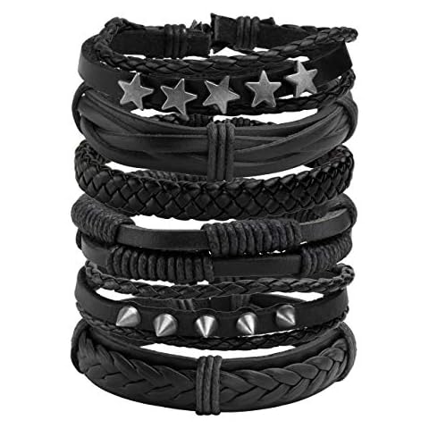 Manfnee 6PCS Braided Faux Leather Bracelet Punk Cuff Wrap Bracelets for Men Women Adjustable Black Cover