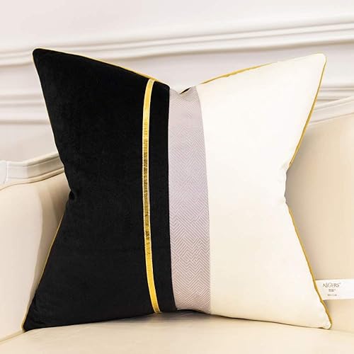 Avigers Funda de cojín de terciopelo a rayas de cuero negro blanco y dorado de 16 x 16 pulgadas, funda de almohada decorativa para sofá, sala de