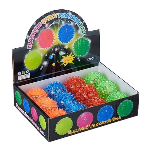 Relaxdays LED Igelball, 12er Set, blinkende Leuchtbälle in 4 Farben, mit Noppen, LED Flummis für Kinder, Ø 6,5 cm, bunt