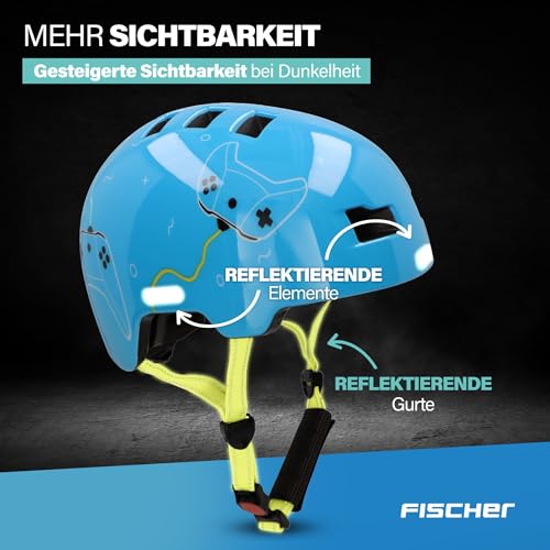 Fischer BMX Fahrradhelm Plus Radhelm, Dirt Bike Helm mit integriertem LED-Rücklicht, Game/hellblau, S/M, 54-58cm
