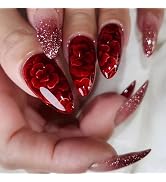 24pcs Red Flower Press on Nails Medium Almond Fake Nails Glue on Nails Glitter Red Ombre Stick on...