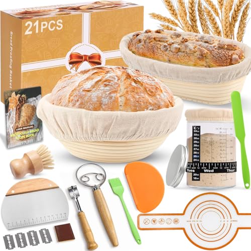 HELISAN 21-Teiliges Sauerteig Starter Set mit 2 Gärkörbchen (23cm Runde & 25cm Ovale), 900ml Glasgefäß zur Sauerteiggärung, Komplettes Brot Backen Zubehör für Einsteiger & Erfahrener Bäcker