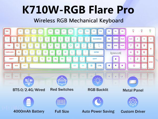 Image of Redragon K710 Wireless Mechanical Gaming Keyboard, Linear Red Switch, White