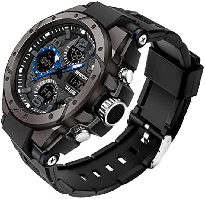 HOOSHU Men's Watch Sports Outdoor Waterproof Date Analog Dual Display Multifunctional Tactical LED Alarm Clock Stopwatch