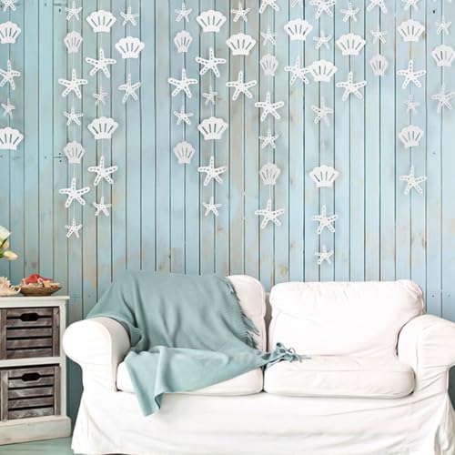 Image of 8 Pack Pearlescent Starfish & Shell Paper Hanging Decorations - Coastal Nautical Garland for Under the Sea, Beach Wedding, Mermaid Party, Birthday, Baby Shower, and Ocean-Themed Party Decor