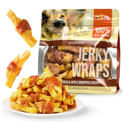 PETPHABET Chicken Wrapped Sweet Potato Apple Dog Treats - Healthy Jerky Dog Chews, Rawhide Free Training Treats for Small, Medium, Large Dogs, Soft Snacks High Protein & Low Fat, Easy to Digest, 14oz