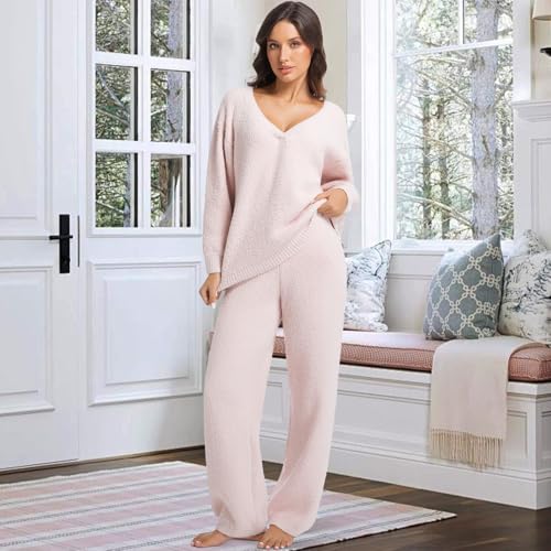 2 Piece Fleece Pajamas for Women Sets V-Neck Outfits Sweater Womens Long Sleeve Fuzzy Loungewear Pajama Set4