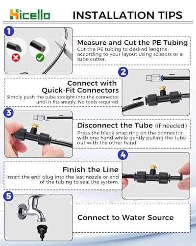 Hicello Bewässerungsset Outdoor Misting Nebler-System, 50 Fuß Nebelleitungen, 17 Messing-Nebeldüsen, 15 m Schlauch, Messingadapter, für Terrasse, Garten, Gewächshaus