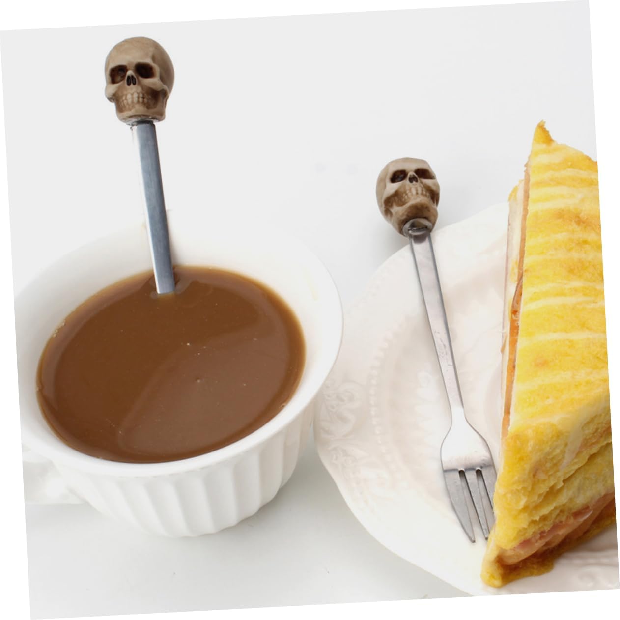 VALICLUD Skull Design Stainless Steel Fork Spoon Compact Halloween Party Tableware Smooth Edges Reusable Dessert Fruit Appetizer Cutlery for Holiday Use