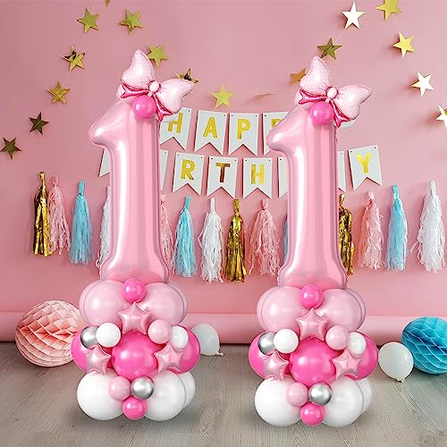 Image of 40 Inch Pink Number 1 Balloon Tower 1st Birthday Decorations for Girls | Large Pastel Baby Pink White Number One Foil Balloons Stack Fun To Be 1 Year Old Princess First Birthday Party Decorations