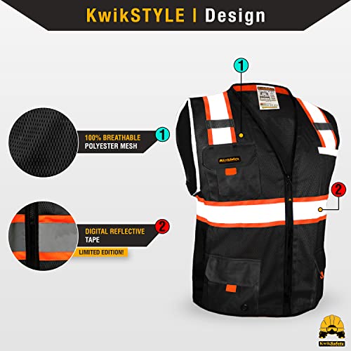 Kwiksafety - Charlotte, Nc - Underboss Safety Vest [11 Pockets] Premium Ansi Class Unrated High Visibility Reflective Ppe Construction Surveyor Hi Vis Industrial Work Gear/Black Medium #TOP1
