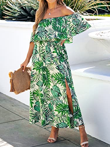 Image of CUPSHE Women Ruffle Floral Maxi Summer Dress Off Shoulder Short Sleeve Backless Flounce Bodice Slit Hem Beach Dresses