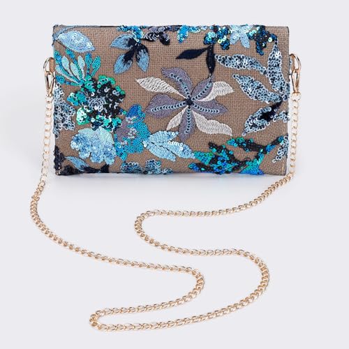 Image of Clutch Purses for Women, Envelope Package, Sequin Embroidered Flowers Straw Bag, Bohemian Handmade Handbags