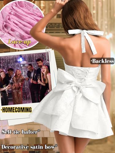 Image of ShawGobow Jacquard Corset Dress,Deep V Halter Mini Dresses with Bow Back,Sexy Birthday Outfits Women Homecoming Prom Formal