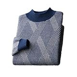 Pohullan Lana Hombres Mock Cuello Jacquard Rayas Para Negocios Suéter Grueso De Doble Hilo Prendas De Punto, Alga Azul, L
