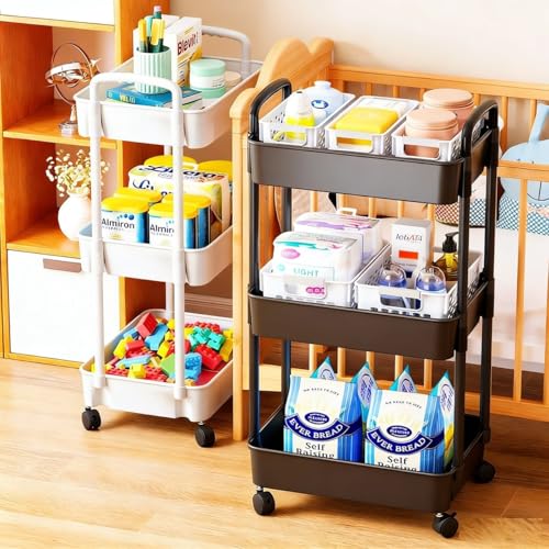 Multibao 3 Tier Storage Trolley Cart on Wheels with Handle Kitchen Bathroom Laundry Narrow Space Rack Space-Saving Mobile Shelving Organizer L35cm x W24cm x H68cm (White)