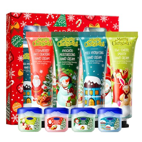 HOUSN Christmas Hand Cream and Christmas Lip Balm Set with 4 Hand Creams and 4 Lip Balms, Gifts for Colleagues Mother and Wife, Stocking Stuffers with Hydration for Lips and Hands