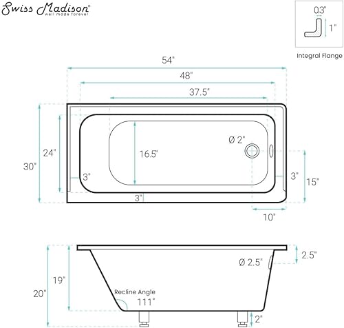 Miniatura 142 de Swiss Madison Well Made Forever SM-DB561 Voltaire - Bañera acrílica de drenaje para zurdos de 48 x 32 pulgadas, 48 x 32 pulgadas, color blanco
