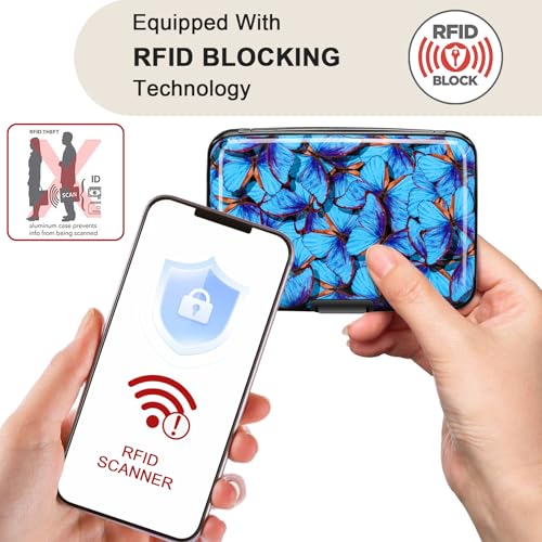 Image of Elfish RFID Blocking Credit Card Protector Aluminum ID Case Hard Shell Business Card Holders Metal Wallet for Men or Women, Blue Butterfly,