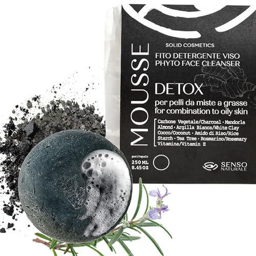 Senso Naturale Limpiador Facial Sólido para Pieles Grasas, Mousse Desmaquillante con Carbón Activo, Romero y Aceites Esenciales de Tea Tree, 100% Natural y Ecológico (Mousse Detox)