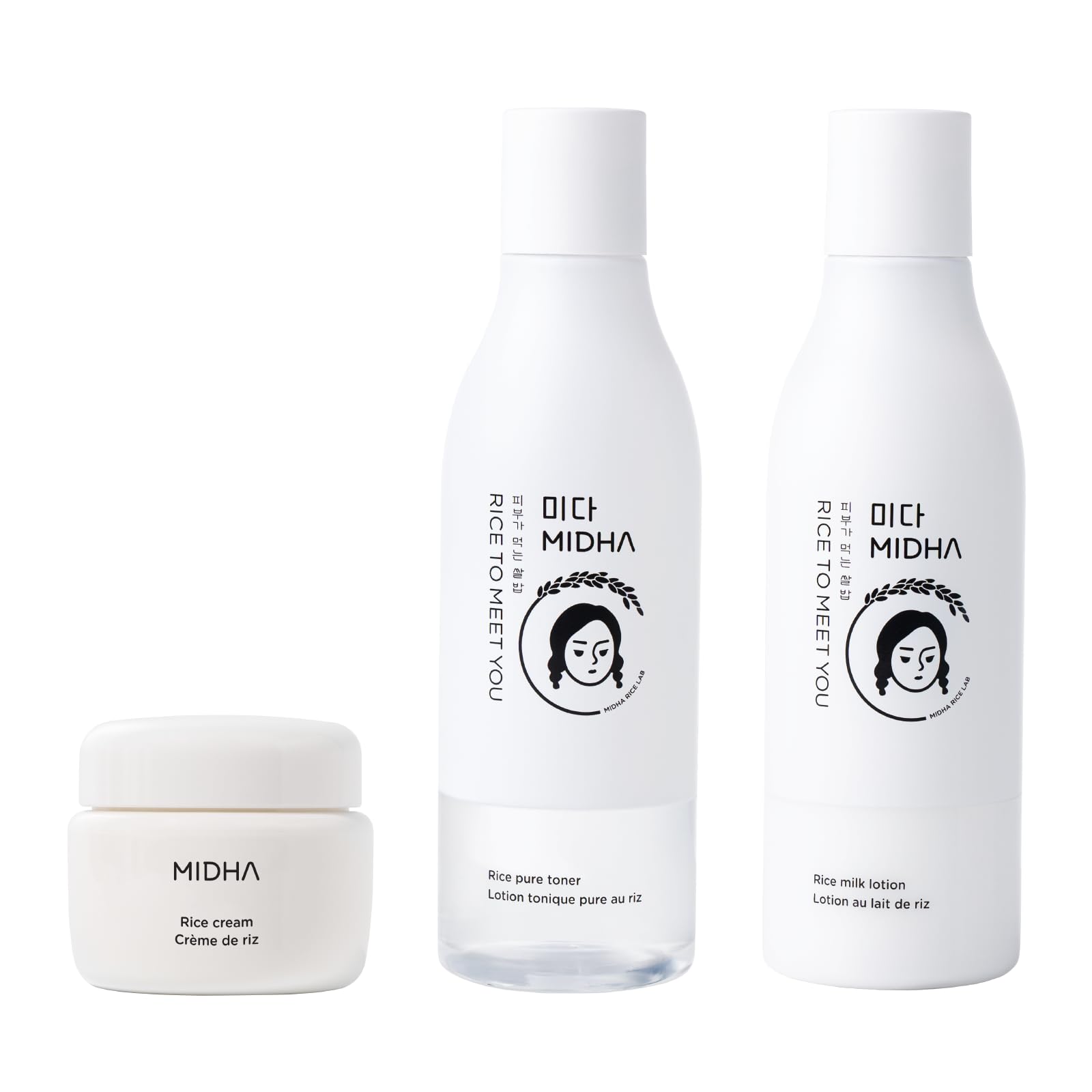 MIDHA Rice Cream 1.69fl.oz. + Rice Pure Toner 6.76fl.oz. + Rice Milk Lotion 6.76fl.oz., Skin Barrier Support – Moisturising, Lightweight Daily Cream with Dewy, Alcohol-Free, Clean Beauty Skincare for