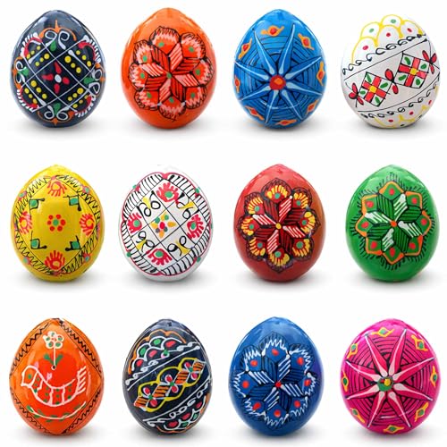 Set of 12 Ukrainian Wooden Easter Eggs Pysanky 1.5 Inches Multicolor