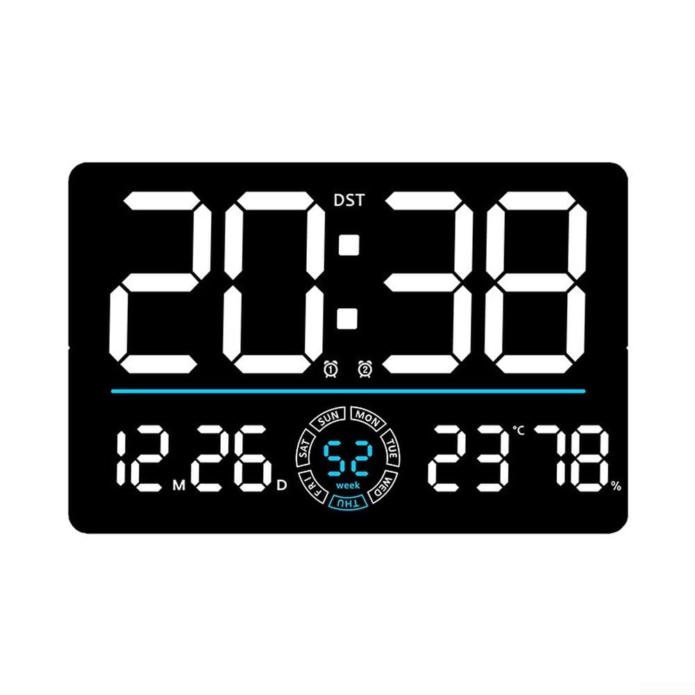 Moderno reloj de pared digital LED con ajuste automático inalámbrico, visualización de temperatura y calendario perpetuo, alarma de brillo ajustable para decoración de sala de estar y