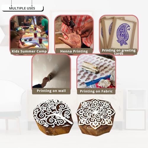 Image of RENIQ Wooden Printing Block for Fabric & DIY Craft | Handcrafted Indian Design Stamp for Textile, Pottery, Mehndi & Home Decor (Multicolor9)