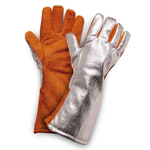 Image of Aluminized Split Leather Heat Resistant Gloves up to 200C, Long Cuff Industrial Safety Gloves for Foundry, Furnace, Welding & Hot Metal Handling, 14 Inch, Pack of 1 Pair