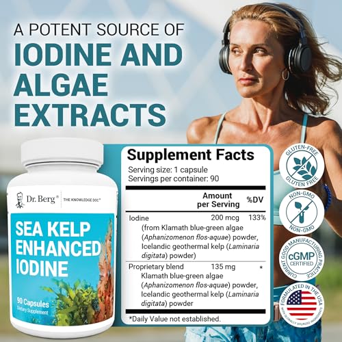 Dr. Berg Sea Kelp Enhanced Iodine - 200 mcg of Premium Iodine - Seaweed Blend Includes Klamath Blue-Green Algae & Sea Kelp - 90 Capsules