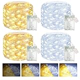 btfarm 4 Pack Fairy Lights Battery Operated with Timer, 16.4 FT 50 LED Silver Wire Twinkle String Lights 8 Modes Dimmable Waterproof for Indoor Christmas Bedroom Wedding Decorations, Warm & Cool White