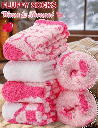 Image of Womens Fuzzy Socks Warm Fluffy Cozy Winter Slipper Thick Fleece Heart Socks 5 Pairs