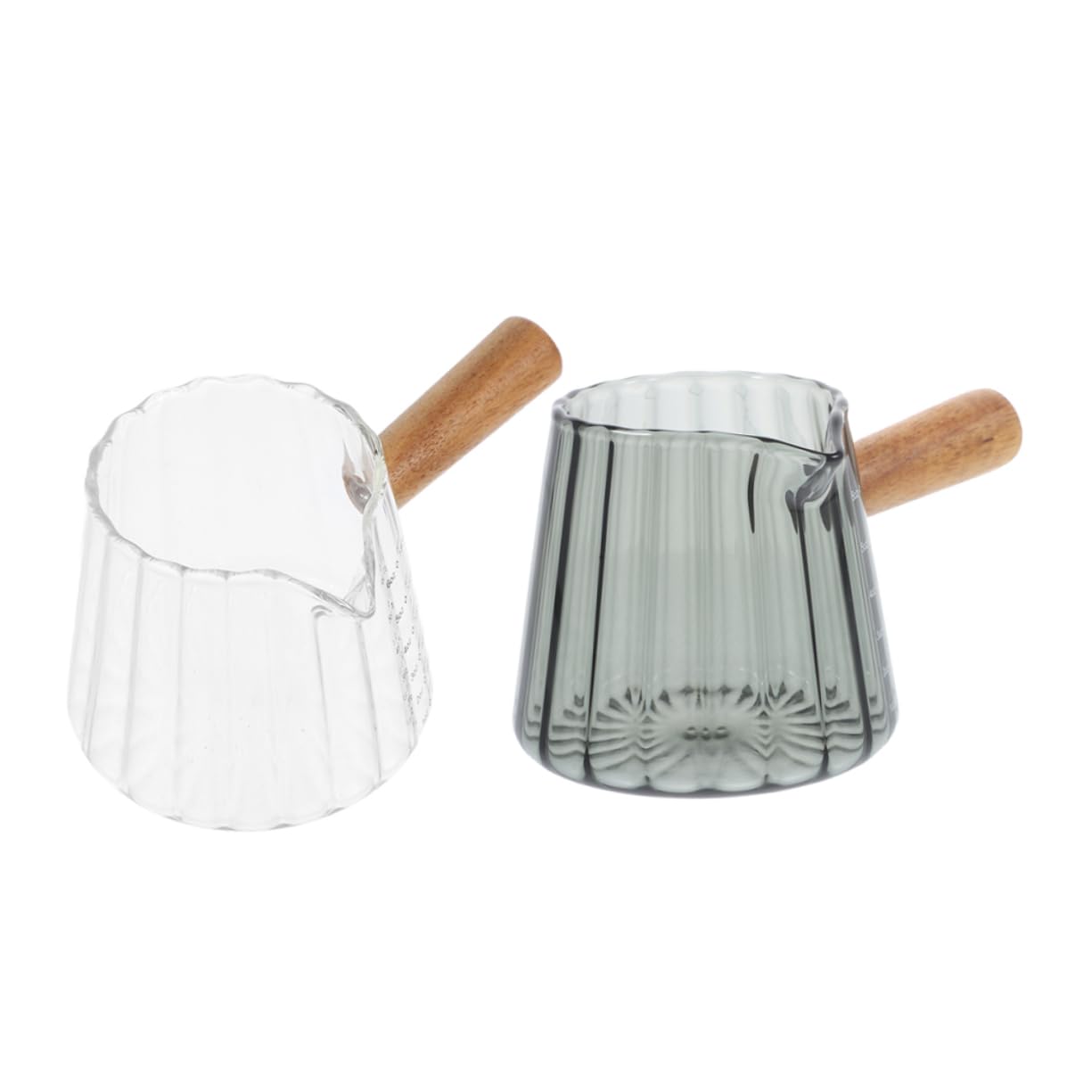 2Pcs Clear Glass Milk Frothing Pitcher with Wooden Handle Espresso Measuring Cup Transparent Creamer for Coffee Versatile Kitchen Essential