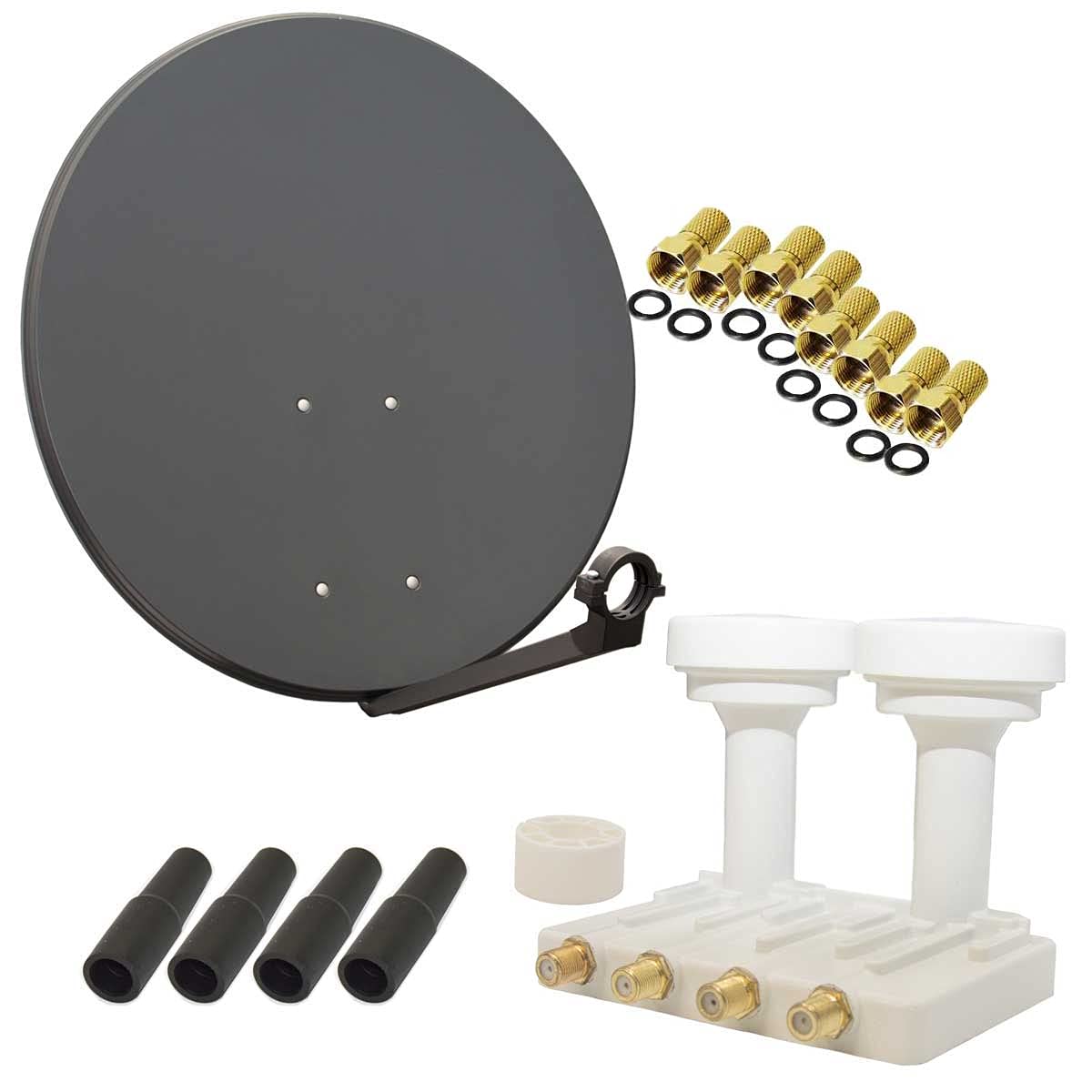 Premium X Satelliten-Komplettanlage 80cm Satellitenschüssel Quad LNB Monoblock Astra Hotbird 8X F-Stecker, 2 SAT für 4 Teilnehmer