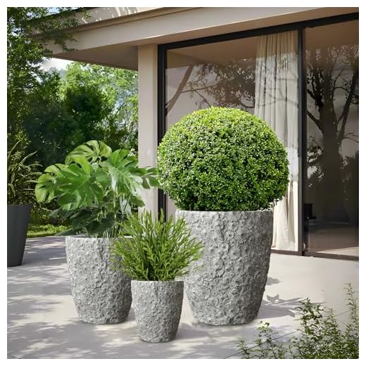 ShangDemonMaster Craft flowerpots 16"+12"+10" Dia Round Concrete Planter Set of 3 Large Outdoor/Indoor Planter Pots Containers with Drainage Holes and Rubber Plug for Home Garden (Grey, Large)