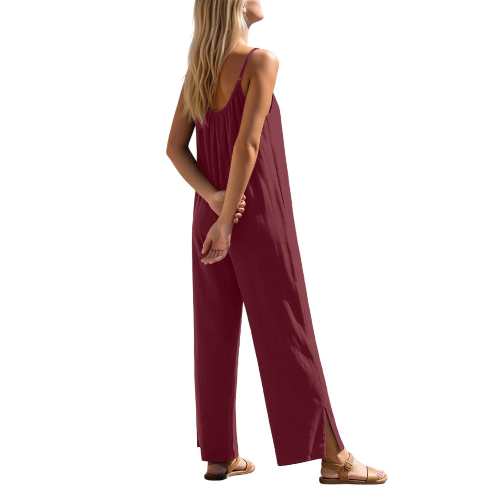 Tuta estiva da donna, stile boho, con tasche, elegante | Tuta intera con schiena scoperta, gamba larga, larga, salopette, casual, per le vacanze