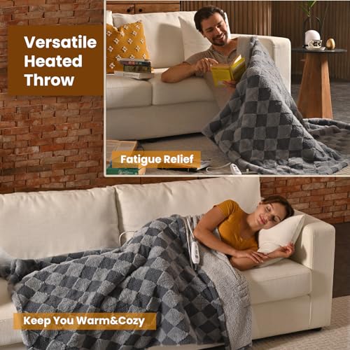 Image of Bearhug Heated Blanket Throw 50 inch x 60 inch Electric Blanket, Reversible Brown Plaid Sherpa Heating Blanket, 6-Heat Levels & 4H Auto Off, ETL, Machine Washable