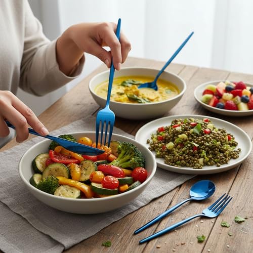 Image of 30 Pcs Blue Cutlery Set for Dining Table the Perfect Lightweight Silim Handle Tableware Including Dinner Spoon, Dinner Fork, Dinner Knife, Dessert Spoon & Dessert Fork