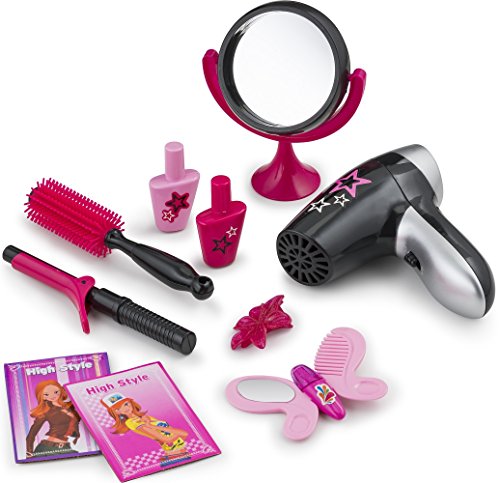 JaxoJoy Beauty Stylist Set – Complete Play Pretend Hair Salon Station Gift Playset for Girls with Toy Blow Dryer, Curler, Scissors, Comb, Table, Mirror & Other Styling Tools – Recommended Ages 3+