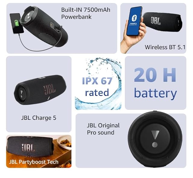 JBL Charge 5, Wireless Portable Bluetooth Speaker Pro Sound, 20 Hrs Playtime, Powerful Bass Radiators, Built-in 7500mAh Powerbank, PartyBoost, IP67 Water & Dustproof (Without Mic, Black) view 2