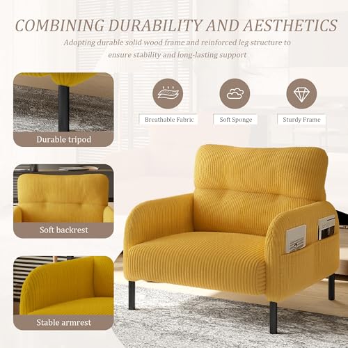 KEIKI 26" Corduroy Single Sofa Chair with Double Side Pockets & High Resilience Cushion, Modern Ergonomic Design Upholstery Oversized 1-Seater Accent Chair, Easy Assembly, for Living Room, Yellow by KEIKI - Used condition - Image 4