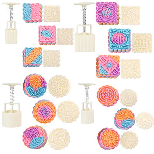Pinkgarden Mondkuchen Schimmelpilz 4 Satz mit 12 Stempeln, Keks-Stempel Handpresse DIY für Mittherbstfest Feier Heim Hotel Cover