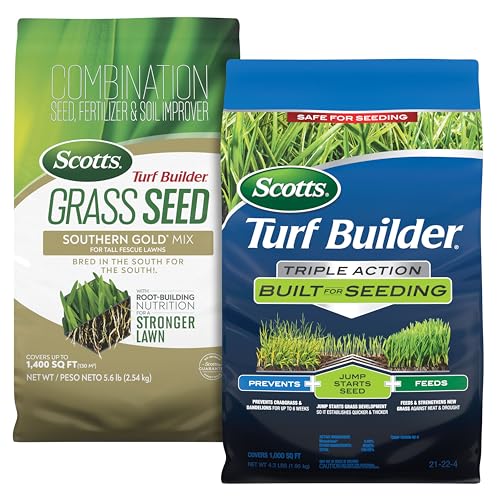 Scotts Turf Builder Grass Seed Southern Gold Mix for Tall Fescue Lawns and Triple Action Built for Seeding Bundle - Seed and Weed Preventer with Lawn Fertilizer, Use on New Grass