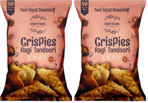 Image of Khari Foods Ragi Crispies 50g, Tandoori Flavoured Chips, No Palm Oil, No Maida, Millet Goodness, Fibre Rich, Zero Cholestrol, Gluten Free Vegan Snacks (Pack of 2)