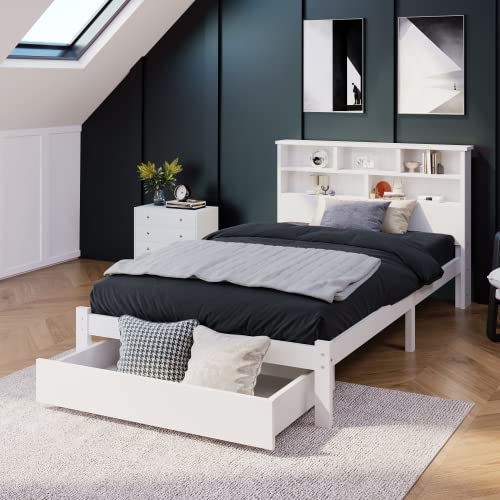 Merax Wooden Storage Bed Frame 3FT Single Bed with Bookcase Headboard and Underbed Drawer, White Wooden Bed with Shelves, Single Storage Bed 90x190cm for Kids, Teenagers and Adults — image 1
