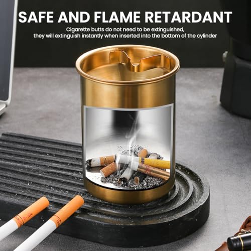 Image of HASTHIP Car Ash Tray Stainless Steel Golden Ashtray, Windproof Ashtray with Cigarette Holder & Funnel Lid, Car Ash Tray Table for Home Office, 3.9 x3.9 x3.9 inches (Golden)