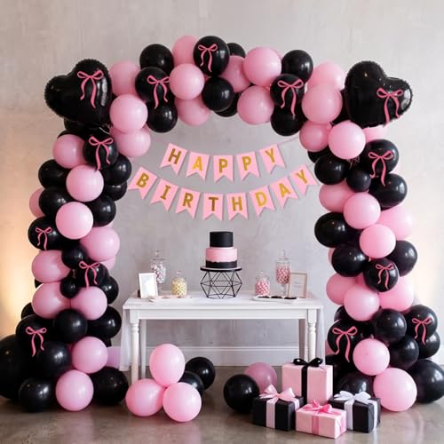Image of Party Propz Pink Black Happy Birthday Decoration Kit for Girls -27 Pcs, Birthday Decoration Items with Black Heart Foil Balloons, Happy Birthday Banner, Balloons for Birthday, Bday Decor (Cardstock)