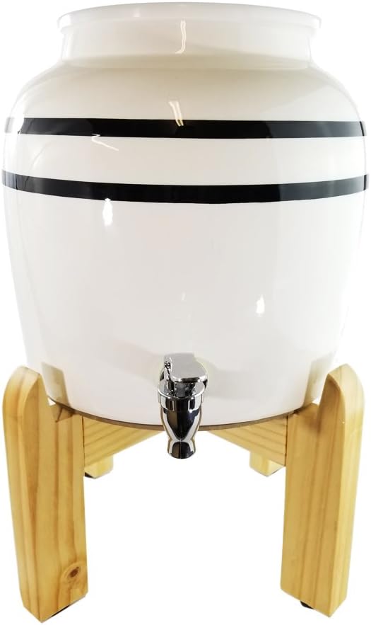 Ceramic Water Dispenser with Black Stripes and Natural Counter Stand